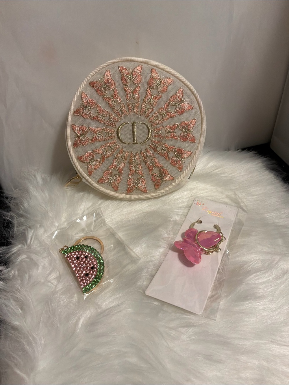 Dior Cream and Pink Embroidered Round Coin Case with Gold CD Logo